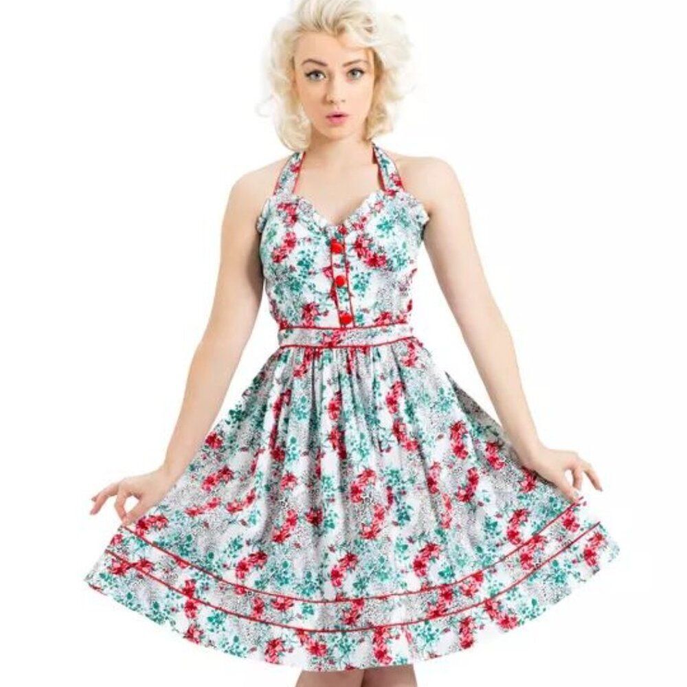 Voodoo Vixen White Floral Halter Mini Dress with Red and Green Accents